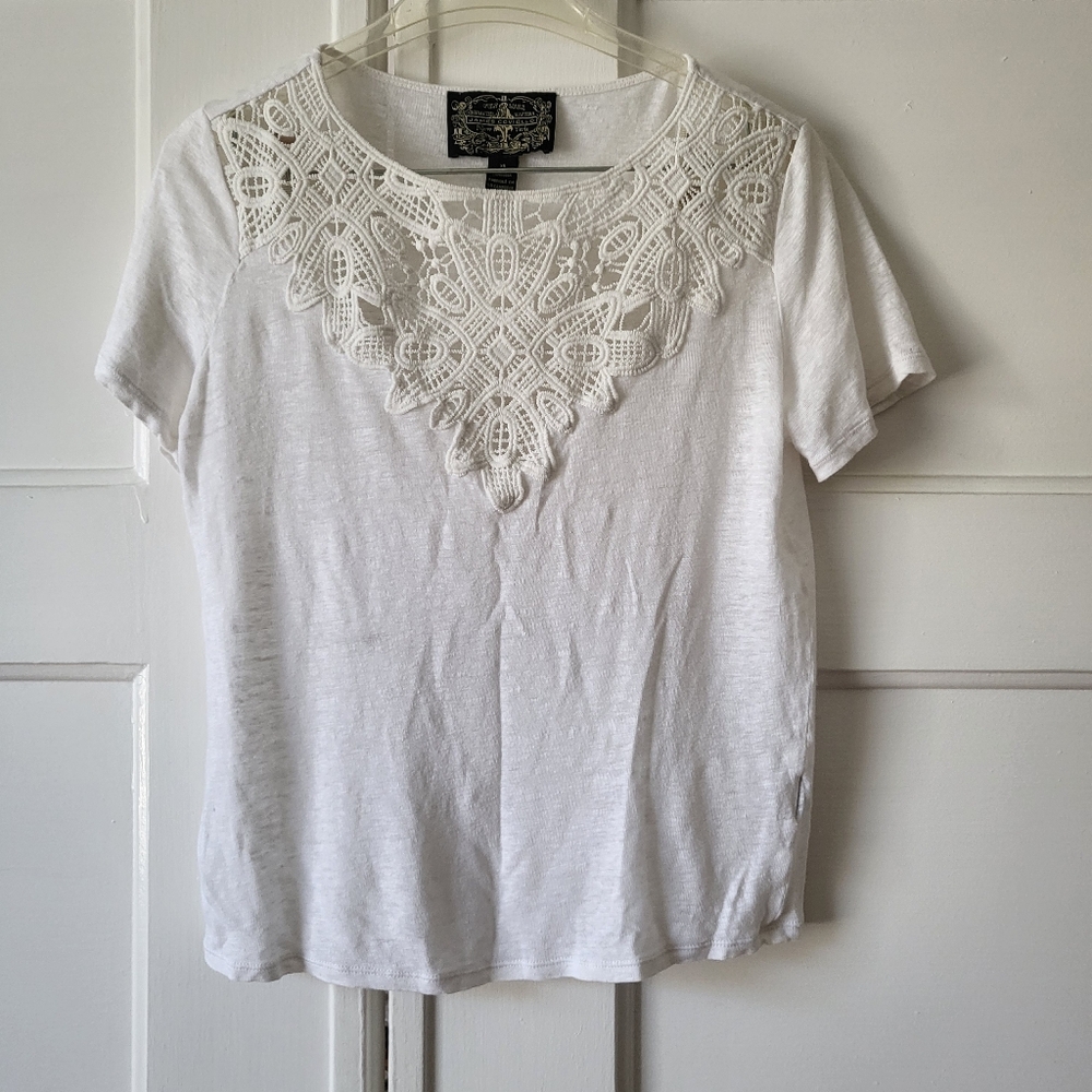Anthropologie James Coviello white linen embroidered short sleeve top XS